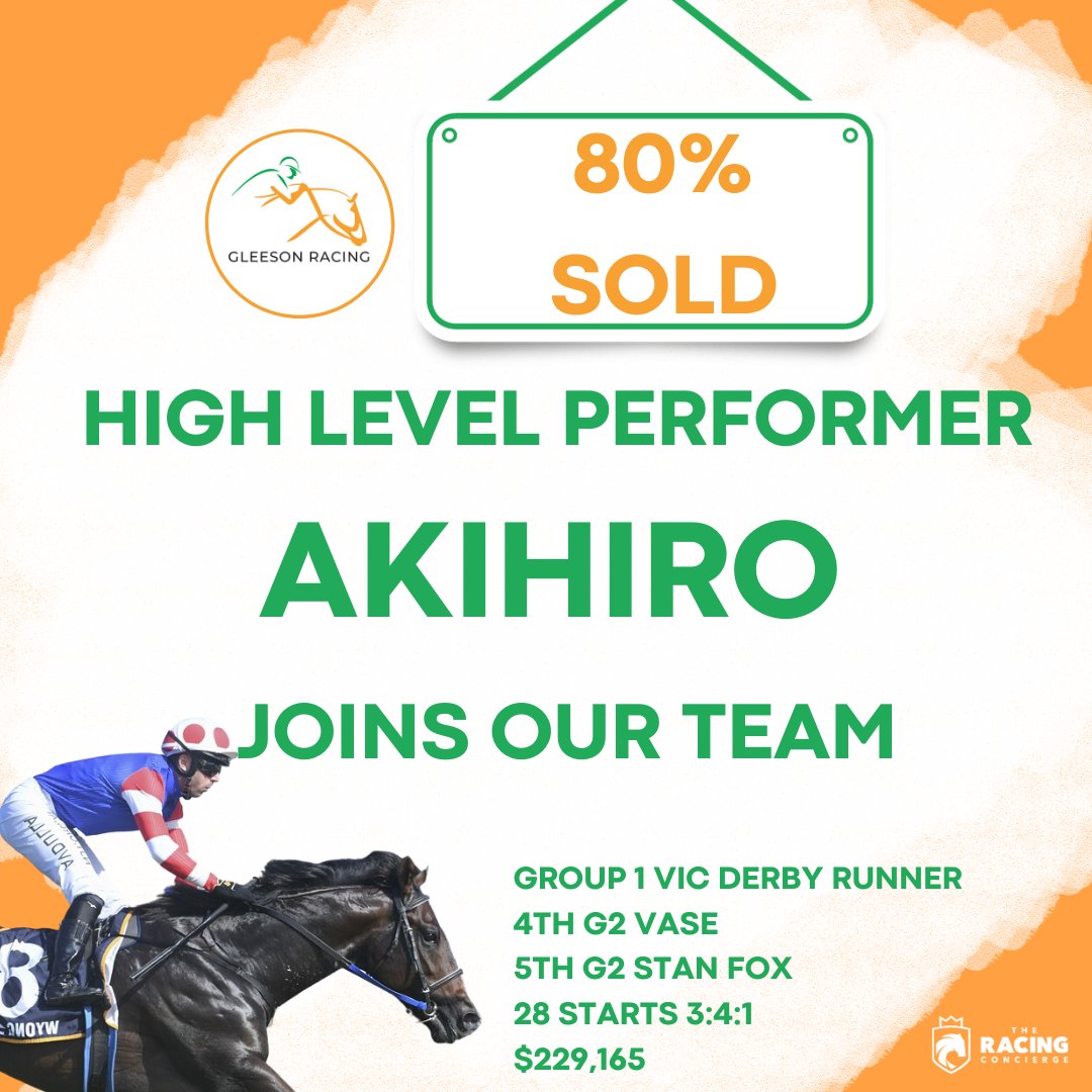 Jessica Gleeson Racing (@racing_gleeson) on Twitter photo On Wednesday we secured the GROUP PERFORMED AKIHIRO and have received wonderful support to join our team and race him
The lightly raced 5yo was purchased for just $27,500 and he is already 80% SOLD
All enquiries welcome jessgleeson91@gmail.com or 0467 878 976 On Wednesday we secured the GROUP PERFORMED AKIHIRO and have received wonderful support to join our team and race him
The lightly raced 5yo was purchased for just $27,500 and he is already 80% SOLD
All enquiries welcome jessgleeson91@gmail.com or 0467 878 976