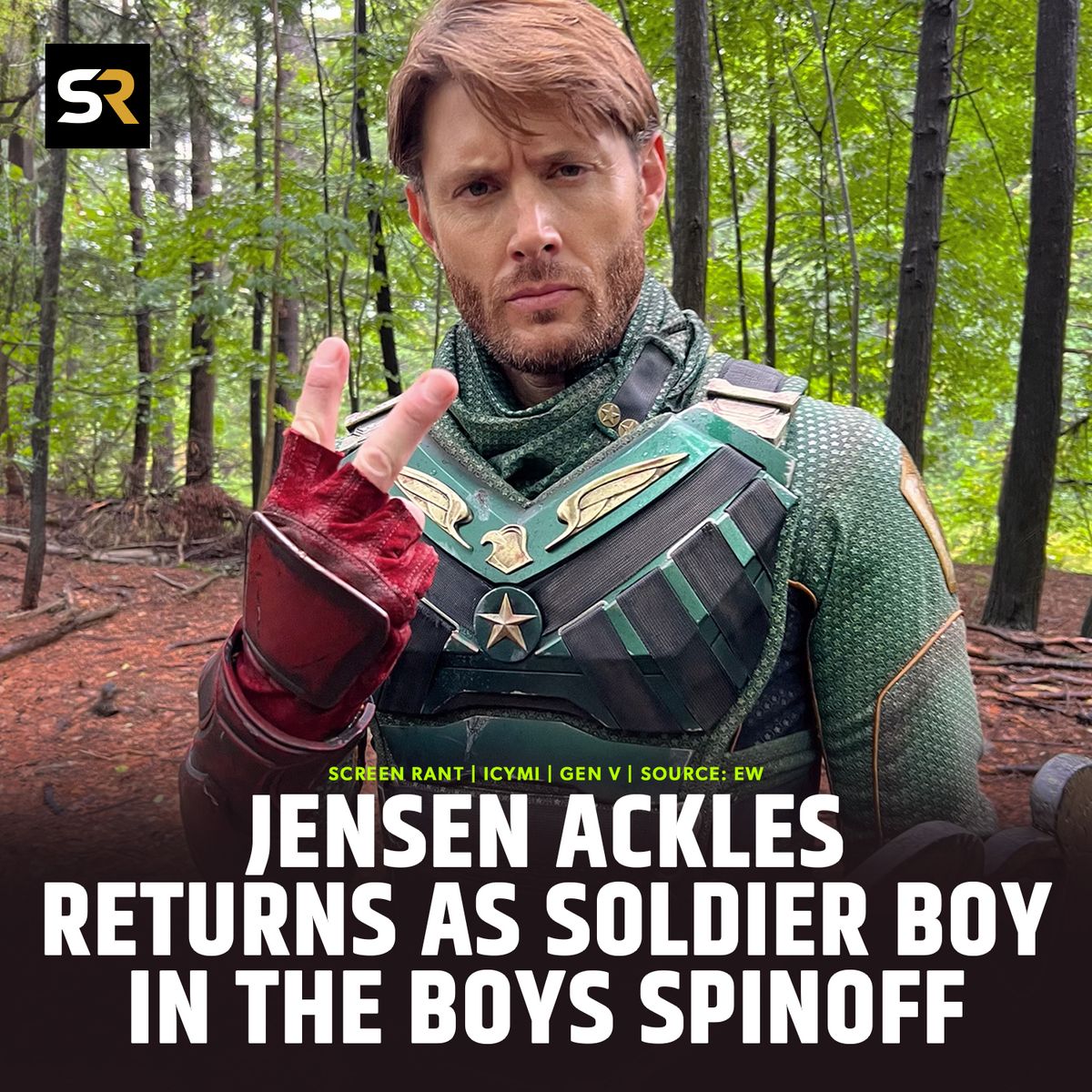 screenrant's tweet photo. Jensen Ackles returns as Soldier Boy in the upcoming show Gen V (which premieres TONIGHT with three episodes). 🤩 This spinoff of The Boys focuses on young supes battling it out at a university. 🤯https://t.co/V5xyVKha2Y https://t.co/C1LvTs7SKs