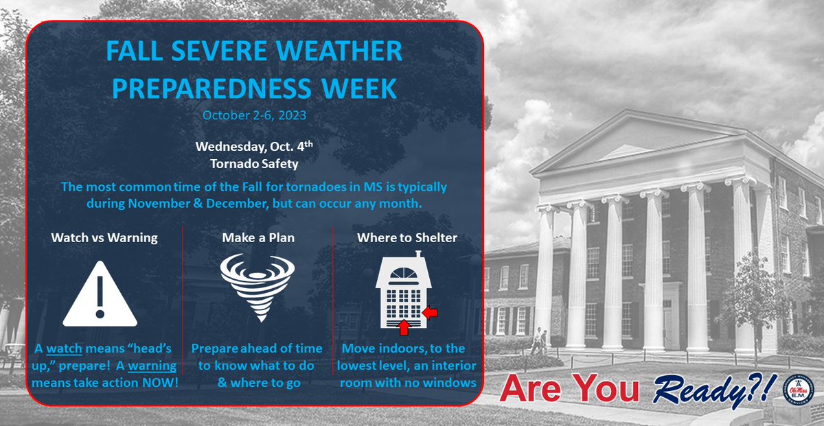 RebAlert's tweet image. On day 3 of Fall Severe Weather Preparedness Week we are focusing on Tornado Safety!🌪️

Know the difference between a Watch and Warning: 
➡️Watch means: Head's up, prepare
➡️Warning means: Take action, NOW!

For more info visit: bit.ly/EMTornado
#RebAware #FSWPW