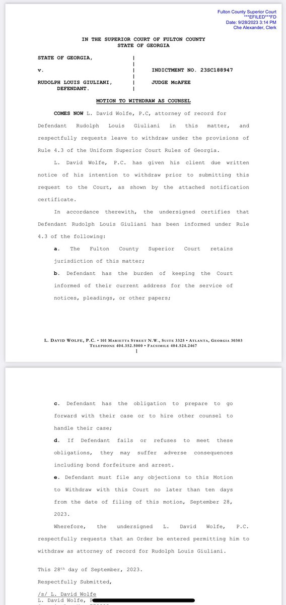 KatiePhang's tweet photo. NEW: One of Rudy Giuliani’s lawyers, L. David Wolfe, files a Motion to Withdraw as Counsel. Wolfe is one of Giuliani’s local counsel in Georgia. https://t.co/jSZ6YXyUGx