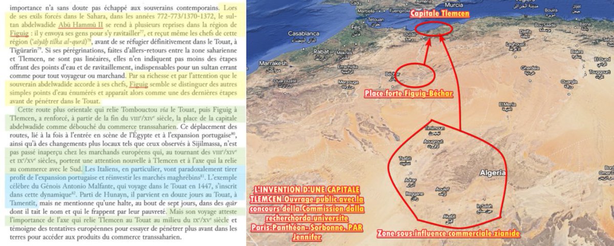 DzayerOffensive's tweet photo. 🏜️| La domination du Sahara par les zianides
1/ Les zianides ont toujours été les maitres absolus du sahara longeant la frontière marocaine et algérienne,ces derniers avaient réussi à être maitre de tout le commerce trans-saharien démontrant leur autorité totale sur Sijilmassa-Béchar-OuedDraa donc tindouf également.
Le début de la soumission de sijilmassa remonte à l'époque de Yaghmoracen , ce dernier avait noué des liens en vassalisant les tribus arabes de la région qui l'ont permis d'avoir un contrôle effectif sur le pays pendant un bon 10 ans , le fais que les mérinides ont réoccupé la ville ne signifie AUCUNEMENT qu'on avait perdu contrôle de la région , bien au contraire, car les zianides se sont quand même entretenus comme étant les maitres de l'axe saharien et contrôlaient toutes les routes et les tribus qui vivaient là-bas , il avait un softpower totale , même par exemple lorsqu'un opposant mérinide avait fondé son propre état indépendant là-bas du nom d'Abu Ali , ce dernier avait noué des intelligences et des liens politiques avec Abu tashfin qui était roi de tlemcen.
Une autre preuve témoignant de la suprématie des zianides sur le sahara longeant les frontières algériennes étaient à l'époque lorsque abu hammu II avait dépéché un officier et un vizir zianide du nom d'Abu muslim de la tribu des beni zerdal primitivement du Zab algérien comme gouverneur de l'oued draa ce qui inclut TOUT le sud marocain ainsi que TINDOUF
Les zianides avaient même soutenu et permis à un des fils d'Abu Ali de devenir monarque mérinide lui fournissant même un équipage royal et qui était à l'époque maitresse de sijilmassa en correspondance avec les zianides
2/ Les zianides ont dominé le sahara algérien et cela est confirmé à travers de multiple ouvrage médievaux, par exemple dans le livre intitulé " Libro del Conoscimento "
l'auteur nous rapporte que Bouda qui est une cité saharienne à la frontière mauritanienne avait été fondée par abu hammu II lorsqu'il séjournait au sud Cela témoigne non seulement l'impacte zianide au sahara,mais qu'elle régnait là-bas en maitre et qu'elle était capable de régner dans des contrées méridionales très éloignées de sa capitale
3/ La région de figuig était allié et sous tutelle des zianides , elles servaient de place forte et de région de refuge pour abu hammu , les chefs supportaient et ravitaillaient meme le sultan de tlemcen lorsque ce dernier avait besoin d'armada militaire et des hommes,elle servait de région tampon et de lieu d'utilisation également pour que les zianides se rendent au touat
Tlemcen avait également su prouver qu'elle était réellement souveraine du sahara algérien, car elle a réussi à avoir un contrôle total sur l'ensemble des routes transahariennes reliant Timbouctou-Touat-Tlemcen
Tlemcen était le seul point de lieu permettant d'aller jusqu'à le touat,c'est confirmé même par les marchands italiens qui allaient d'abord au honaine avant de s'y rendre au gourara montrant que les seuls qui avaient un lien commercial avec le sahara algérien, c'était la dynastie des zianides
4/ Tout le Sahara ifriqiyen incluant le zab donc de biskra à touggourt s’était soumis a Abu Hammu II le zianide selon abd al rahman frère de ibn khaldun
🔖| Jennifer Vanz Historienne et professeur d’histoire géographie à l’Université Paris Est Marne-La-Vallée : L'invention d'une capitale , Tlemcen.
- Abd al-Rahman Ibn Khaldun
