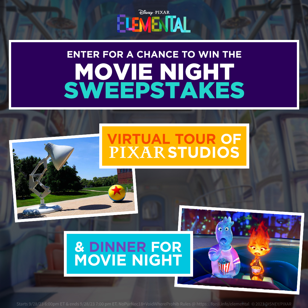 You're going to dig this! Tell us why you're the biggest Pixar fan using #ElementalSweepstakes. You could win a virtual tour of Pixar Studios and dinner on us to enjoy while watching Disney and Pixar's #Elemental now Blu-ray & Digital!