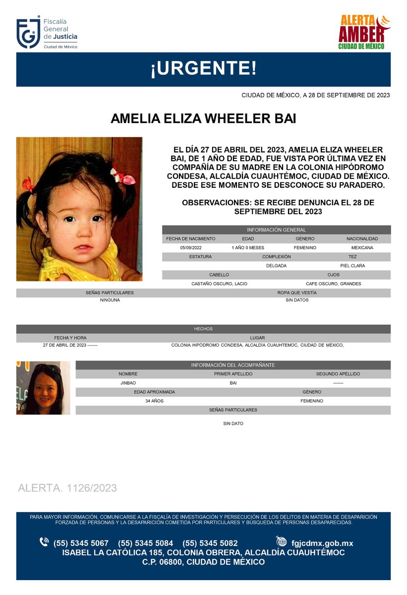 FiscaliaCDMX's tweet photo. Se activa #AlertaAmber para localizar a una menor de 1 año de edad, de nombre Amelia Eliza Wheeler Bai, quien fue vista por última vez en compañía de su madre el día 27 de abril de 2023, en la colonia Hipódromo Condesa, alcaldía Cuauhtémoc https://t.co/Kifajs8F5H