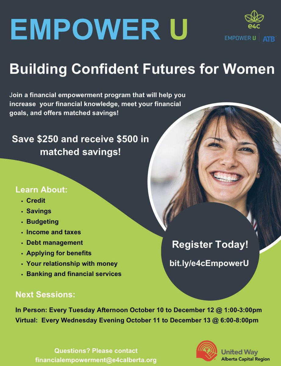 WNLCyeg's tweet photo. Get ready to meet your financial goals through EmpowerU! 

More details such as eligibility can be found on the registration form below https://t.co/60N3TsJVJY

Or email financialempowerment@e4calberta.org with any questions.

#wellnessnwtworkyeg #mentalhealth #mentalhealthyeg https://t.co/d8PGnkghxA