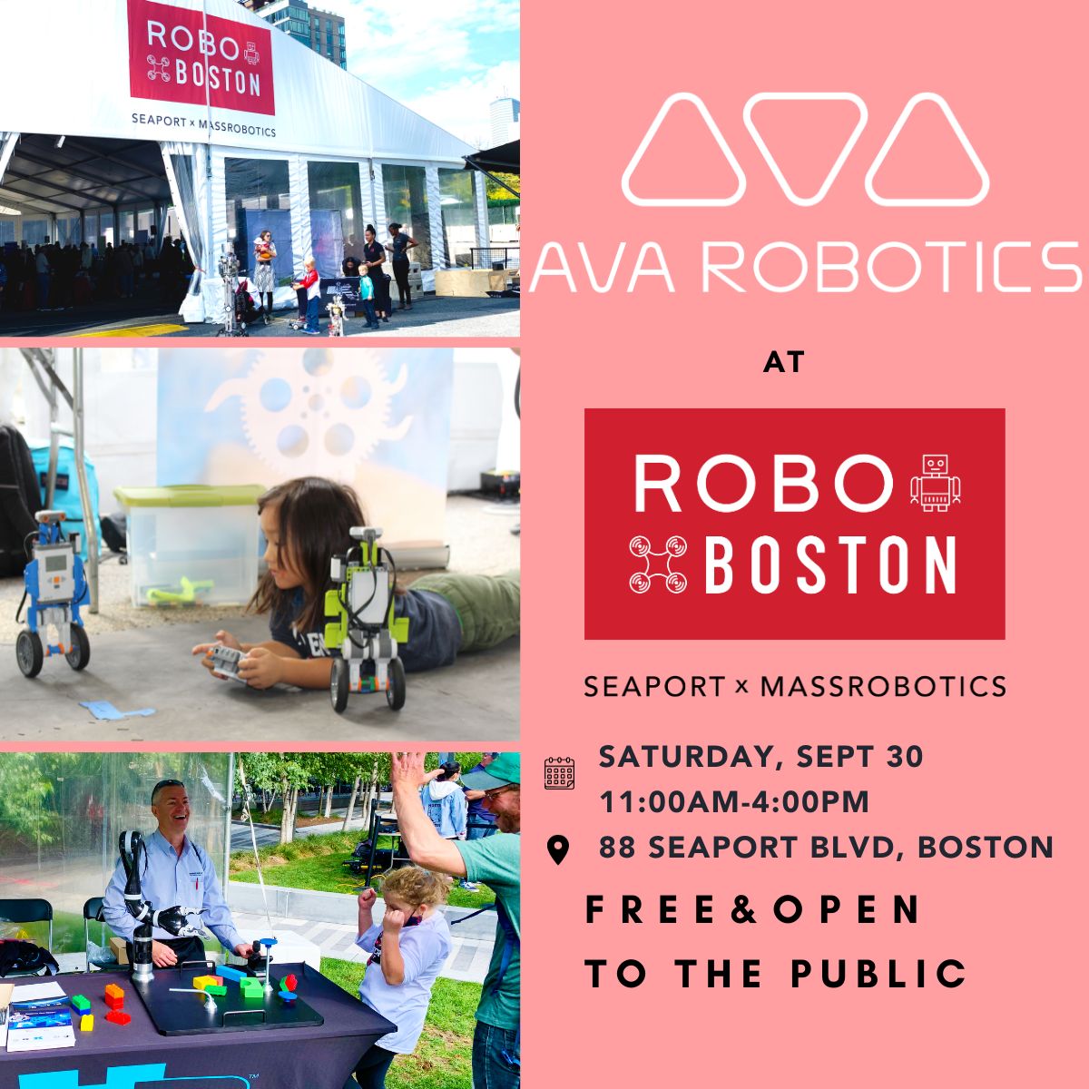 📌SAVE THE DATE📌
Ava Robotics will be at 🤖#roboboston 2023, The largest celebration of robots and robotics: Saturday, September 30th at 88 Seaport Blvd. from 11am - 4pm. All are welcome! We will see you there!!!
#robotics #startups #technology #robots #community