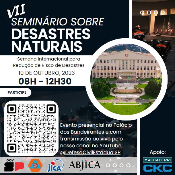 abjica's tweet photo. Na Semana Internacional para Redução de Risco de Desastres, a Coordenadoria Estadual de Proteção e Defesa Civil, em parceria com a ABJICA realiza no próximo dia 10 de outubro de 2023, o VII Seminário sobre Desastres Naturais. 
Acesse https://t.co/v91IR5rqVA p/maiores informações. https://t.co/NdPEd77Wlr