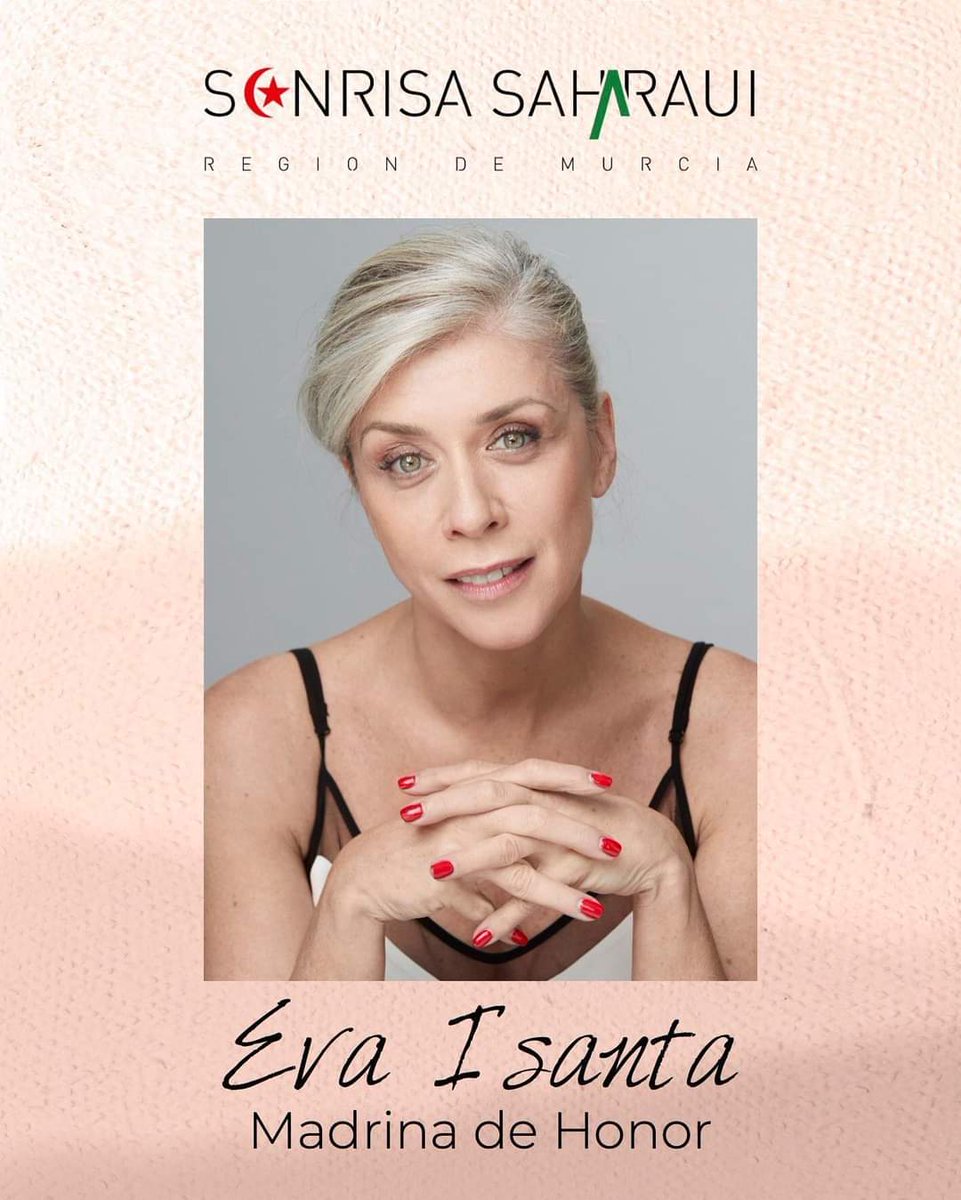 SonrisaSaharaui's tweet photo. ⚠️Comunicado ⚠️

La querida y admirada actriz, Eva Isanta, será nombrada Madrina de Honor de nuestra asociación, el día 11 de noviembre, durante la cena solidaria que tendrá lugar en el Hotel Nelva de Murcia.

No podemos sentirnos más felices ni con mayor agradecimiento 🇪🇭🫶🏻 https://t.co/4D8o3EMjLJ