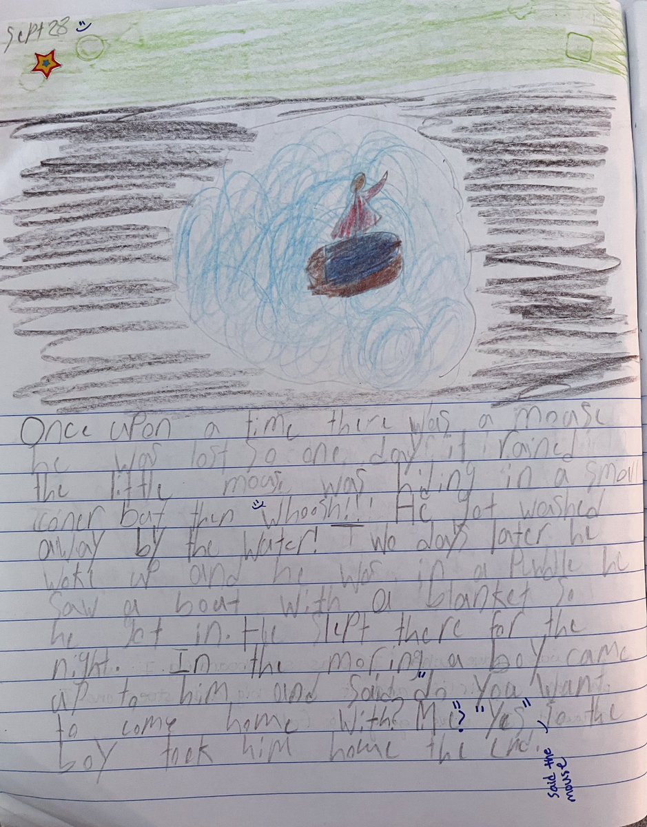 MissGMah's tweet photo. For Think Outside the Box Thursday, we wrote a story about this picture. In the morning during sharing circle, we answered the question, โif you jumped into a puddle, where would it take you?โ #BelPark #ThinkOutsideTheBoxThursday https://t.co/u4k9sGfEj3