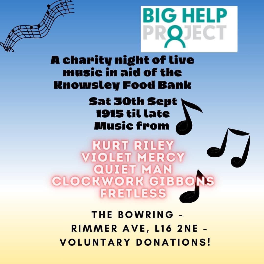 There is a night of music in The Bowring Park Pub this Saturday to raise money for the good people at @BigHelpProject .

We, The Quiet Man will be playing at about 8.30pm but get down earlier for the Liverpool game and bring a bit of cash to throw in the bucket! X