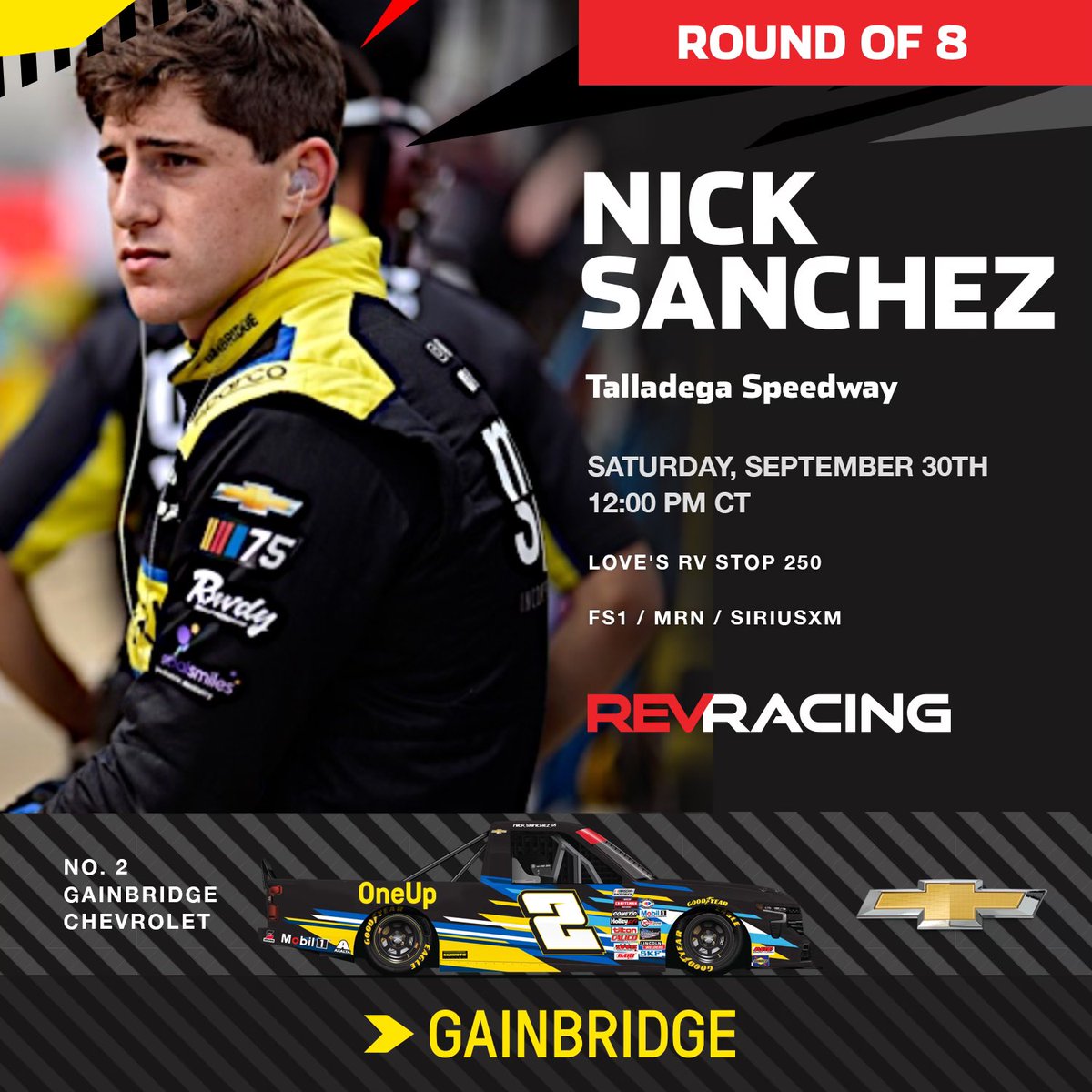 .@Nicksanchez080 is returning to @TALLADEGA 📆9.30, 12:00PM CT 📷@FS1 @GainbridgeLife | @NASCAR_Trucks | #Teamchevy