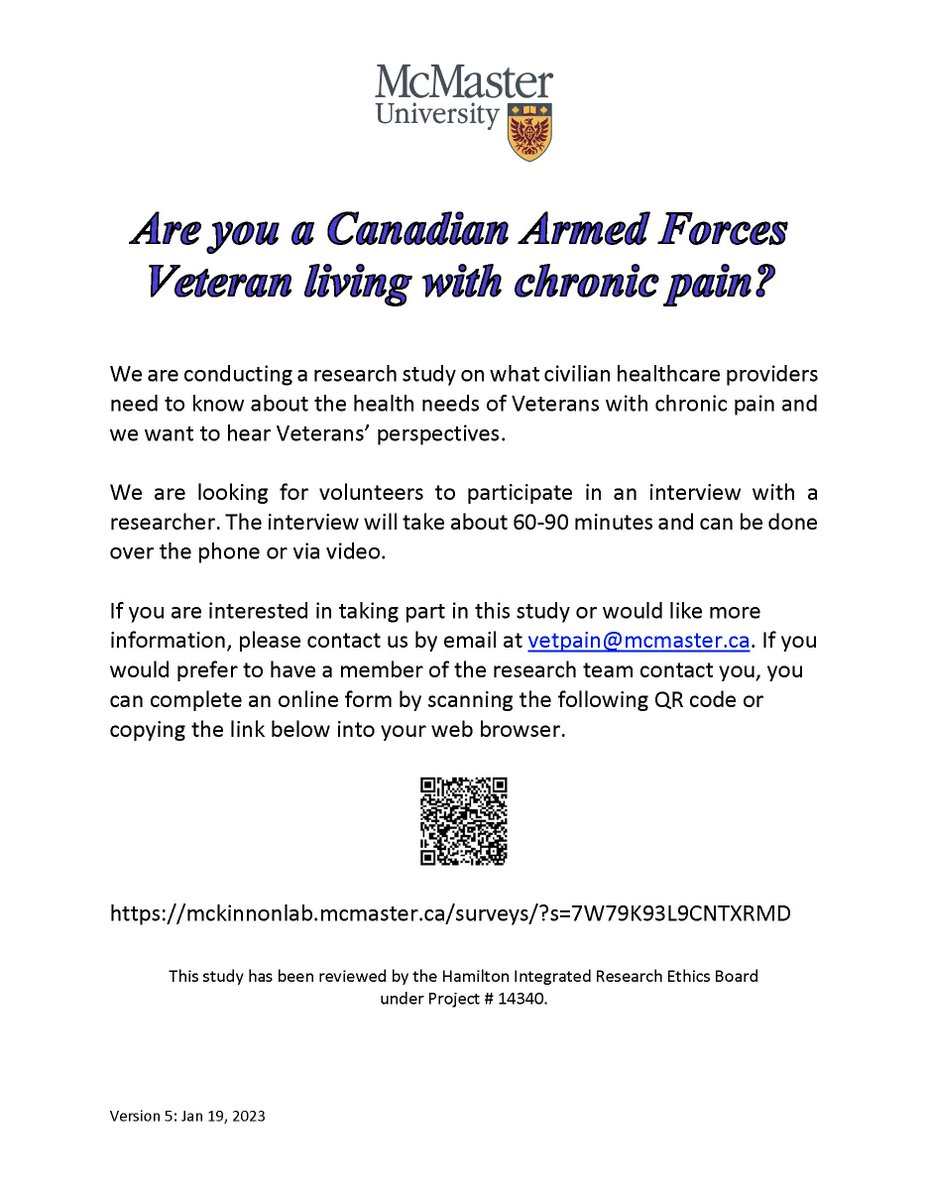 Are you a Veteran living with chronic pain? We are conducting a research study on what civilian healthcare providers need to know about the health needs of Veterans with chronic pain and we want to hear Veterans’ perspectives. Email us at vetpain@mcmaster.ca to learn more