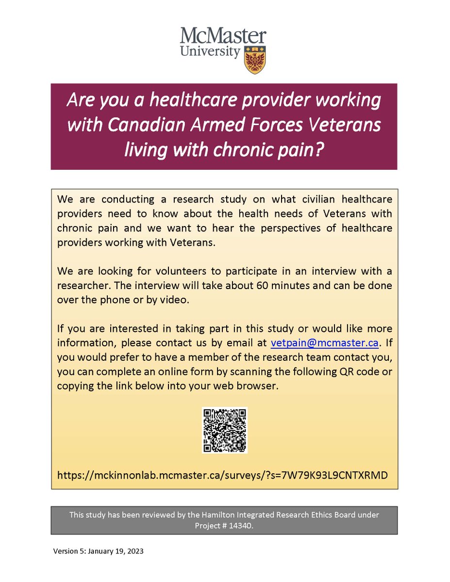Are you a healthcare provider working with Veterans living with chronic pain? We are conducting a study on what healthcare providers need to know to provide effective care to Veterans and we want to hear your perspective! Email us at vetpain@mcmaster.ca to learn more.