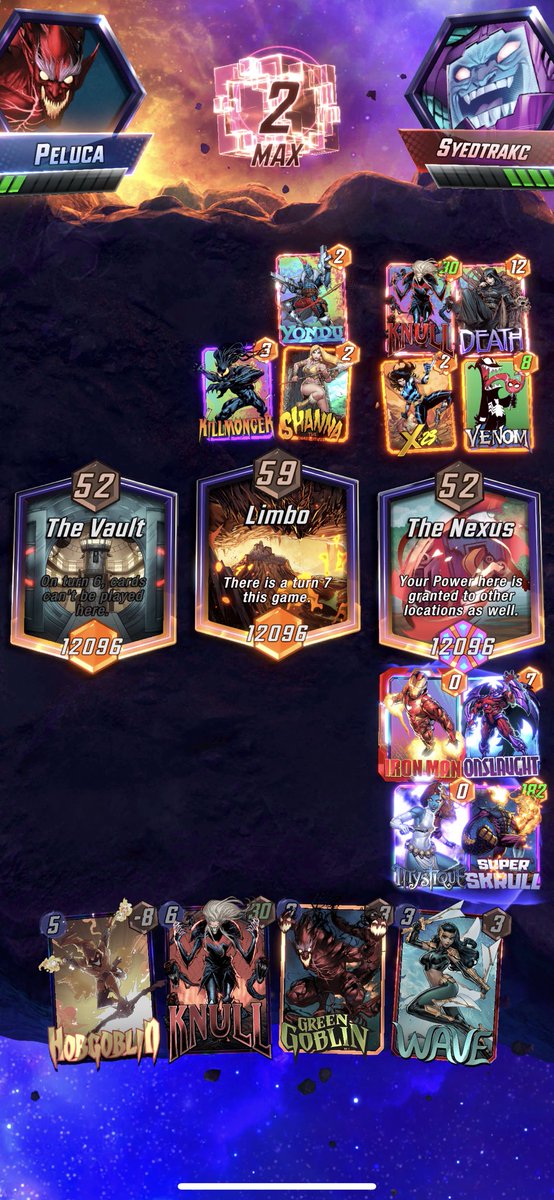 corazonpeluca's tweet photo. Fairly certain this is more points than most people have ever played. Especially considering it only used 4 cards. 36,288!!! #Marvel #Snap #MarvelSnapShot #IronMan #Onslaught #Mystique #SuperSkrull #Knull https://t.co/vrZa7fxSEX