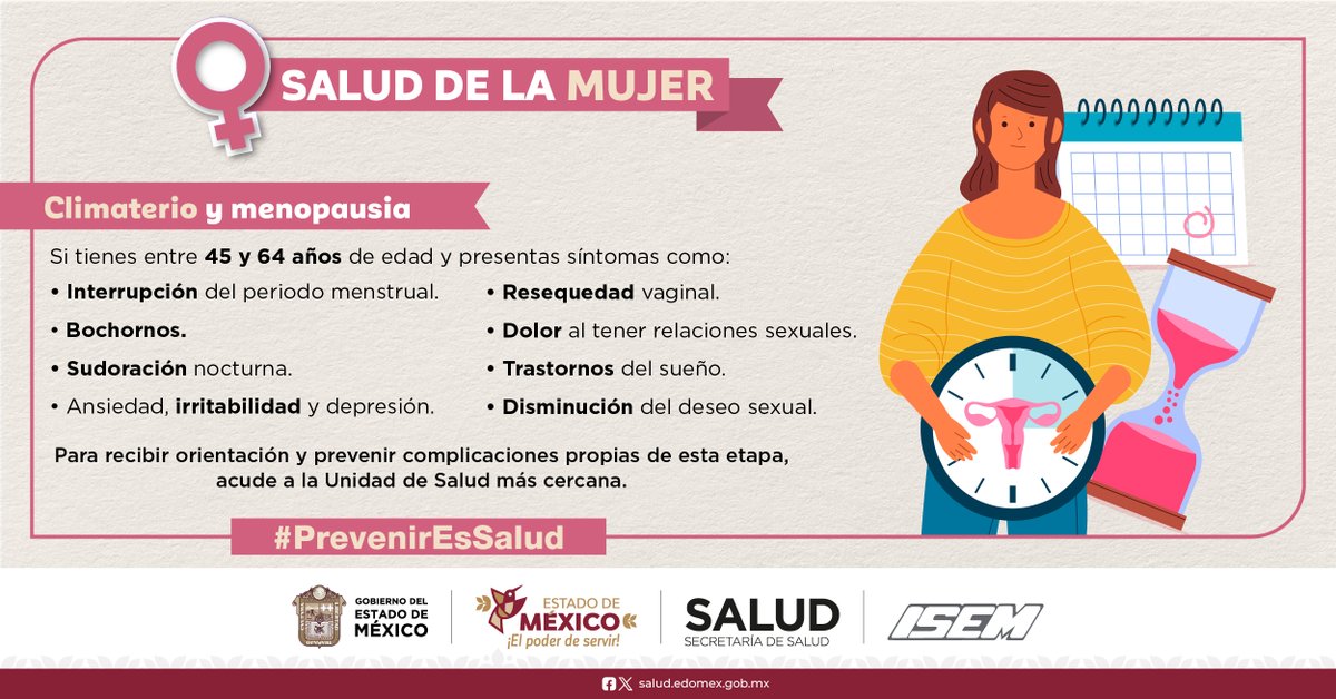 SaludEdomex's tweet photo. Si tienes entre 45 y 64 años debes estar alerta si presentas alguno de estos síntomas; ya que es posible que estés entrando en una nueva etapa que podría ser climaterio o menopausia.
Acude a tu unidad de salud más cercana para recibir orientación.
#PrevenirEsSalud https://t.co/OAWfdURTRp