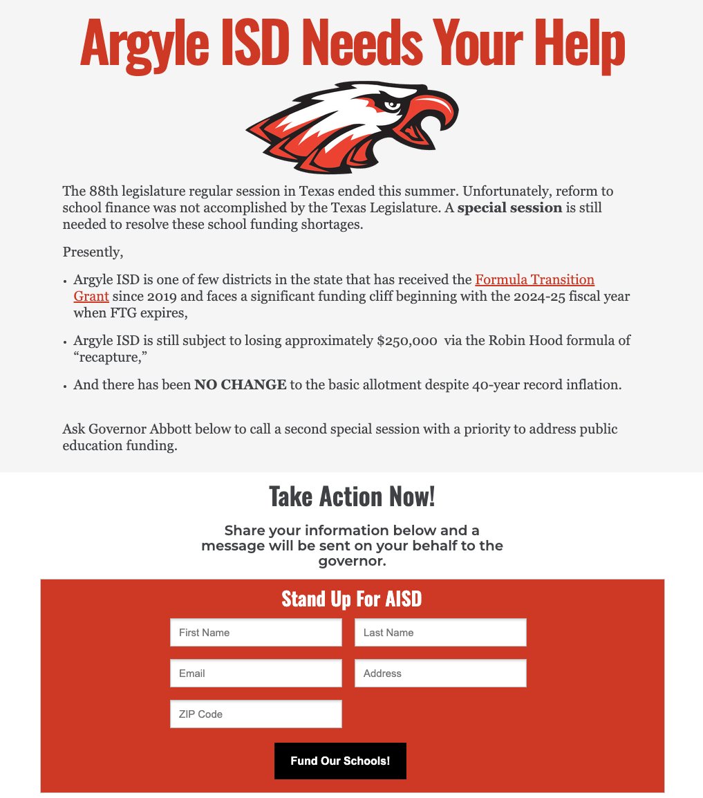 ArgyleISD's tweet photo. TAKE ACTION ARGYLE‼️

Your voice matters! First and foremost, we need your support in advocacy &amp; you can start by asking Gov. Abbott to call a 2nd special session with a priority to address public education funding and finance.

🦅 https://t.co/mxteI2hCoi https://t.co/UKuvOqw5B2