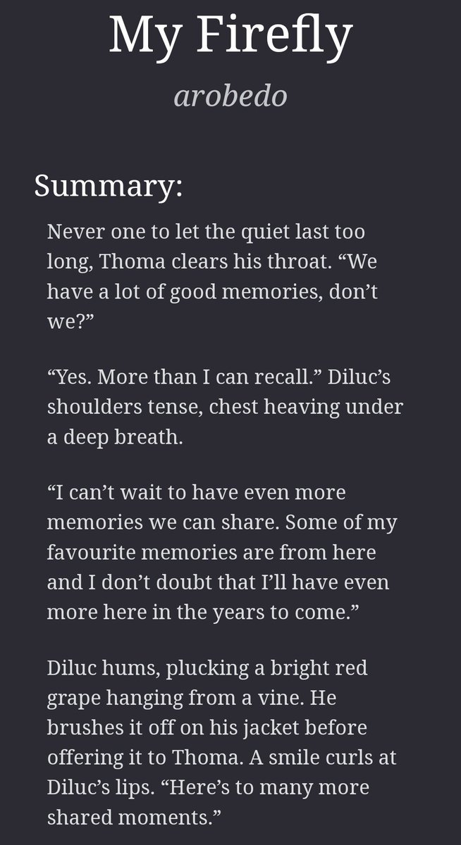 My Firefly 

— #thomaluc 🦉🍡
— oneshot, gen
— first kiss, childhood friends
— 4.9k words 
— for <a href="/genshinbigbang/">Genshin Rarepair: Big Bang</a> in collaboration with <a href="/vampirefrogs/">Noah !!</a> ❤️