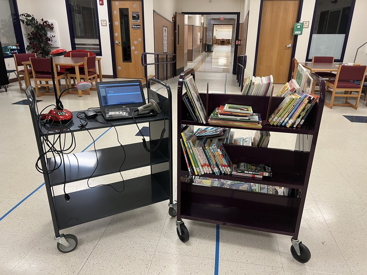 When Vision and Hearing Screeners are in the library all day, <a href="/CheetahsLibrary/">Cheetahs Library</a> goes mobile! 2 carts and 80+ books keep our readers reading,  despite not being in the library! <a href="/LibrariesRRock/">RRISD Lib Services</a>