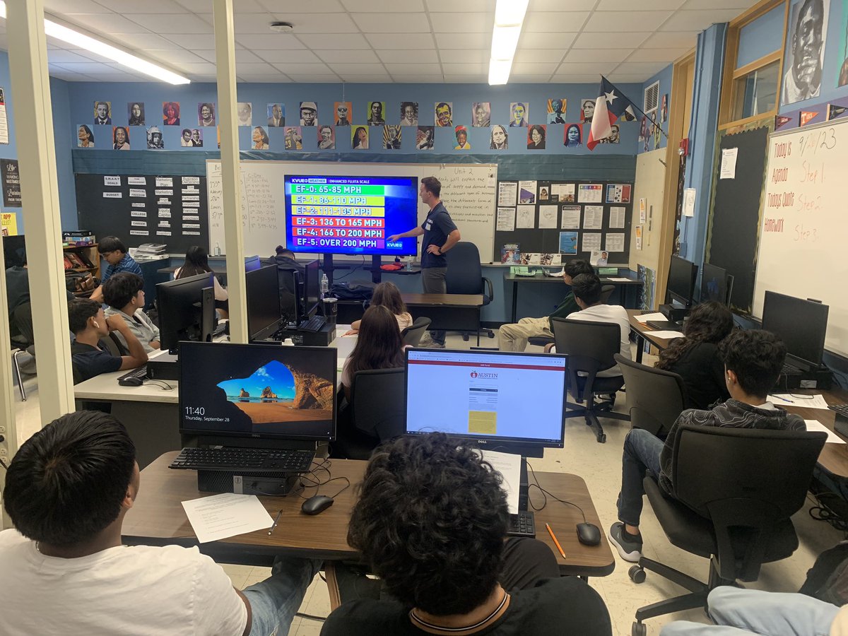 w_dungey's tweet photo. Thank you @Hunt_Wx for guest speaking in my boardroom today @NortheastECHS. Educating my class on the weather and career path of a meteorologist was great. Students was engaged and learned a lot. We will see you on @KVUE. #empowerment #careerdevelopment #PBMF https://t.co/GfxSsuD8R1