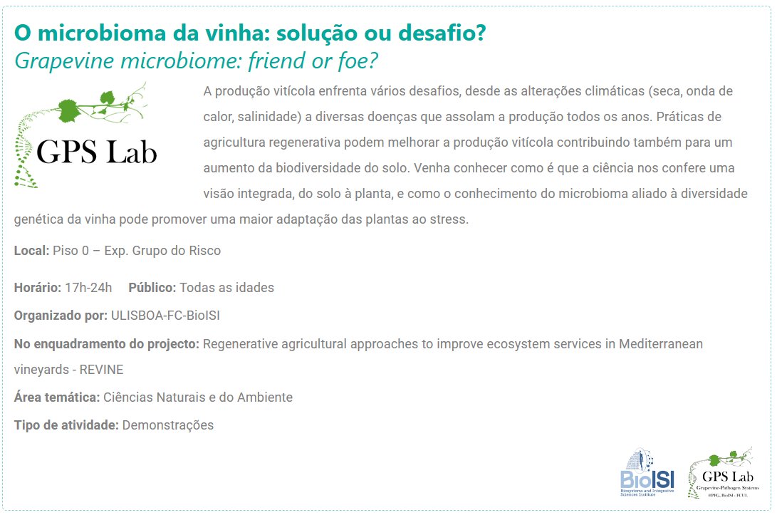 jppper's tweet photo. É já amanhã (29-set) que o @GPS_Lab vai estar na #NEI2023! Venham aprender um pouco sobre microrganismos benéficos para a videira, a enorme diversidade desta planta e algumas doenças que a afligem! 
Ah, e temos uvas para todos - mas venham depressa, elas voam! 🍇🍇 https://t.co/C3d5q2vd5b