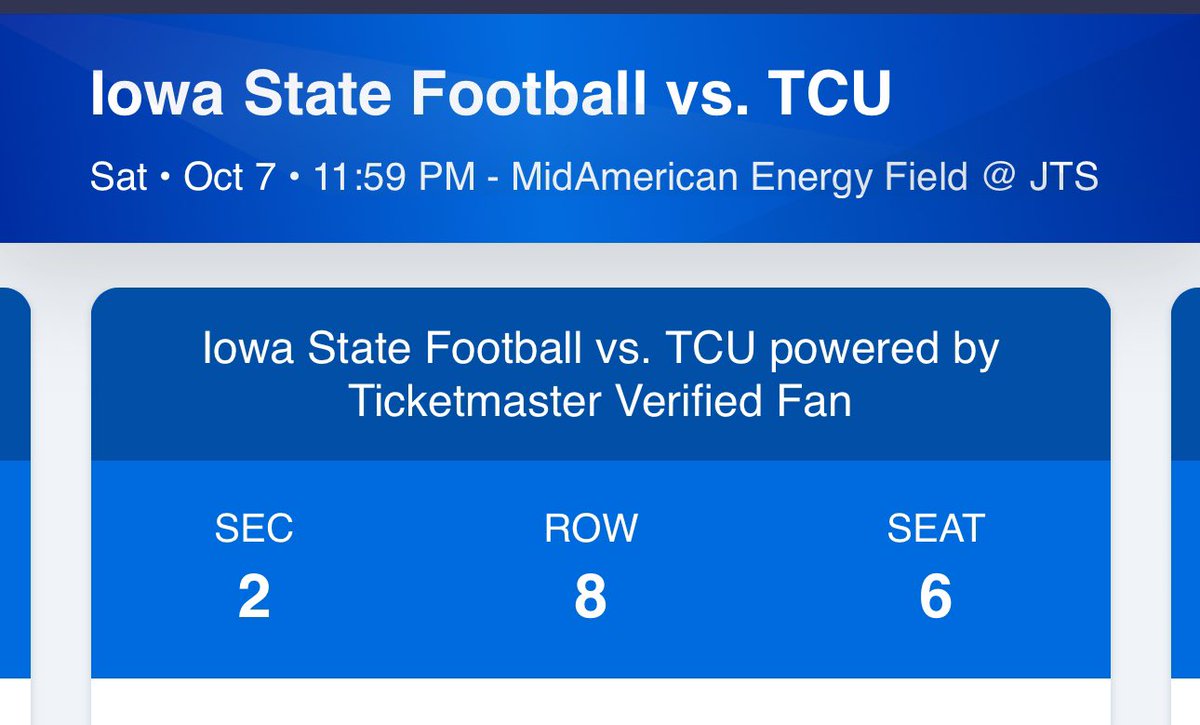 brettinkc's tweet photo. @ChrisMWilliams Hey, I have 6 tickets to the TCU game and, unfortunately, I am not able to attend. Attached is proof of tickets. Seats 4-9, Section 2, Row 8. Asking $150/ticket if you could help spread the word. I would prefer selling all in one transaction. Thanks! https://t.co/WWASuxnG4n