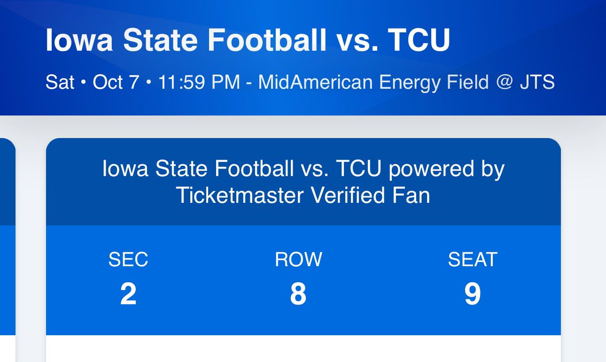 brettinkc's tweet photo. @ChrisMWilliams Hey, I have 6 tickets to the TCU game and, unfortunately, I am not able to attend. Attached is proof of tickets. Seats 4-9, Section 2, Row 8. Asking $150/ticket if you could help spread the word. I would prefer selling all in one transaction. Thanks! https://t.co/WWASuxnG4n