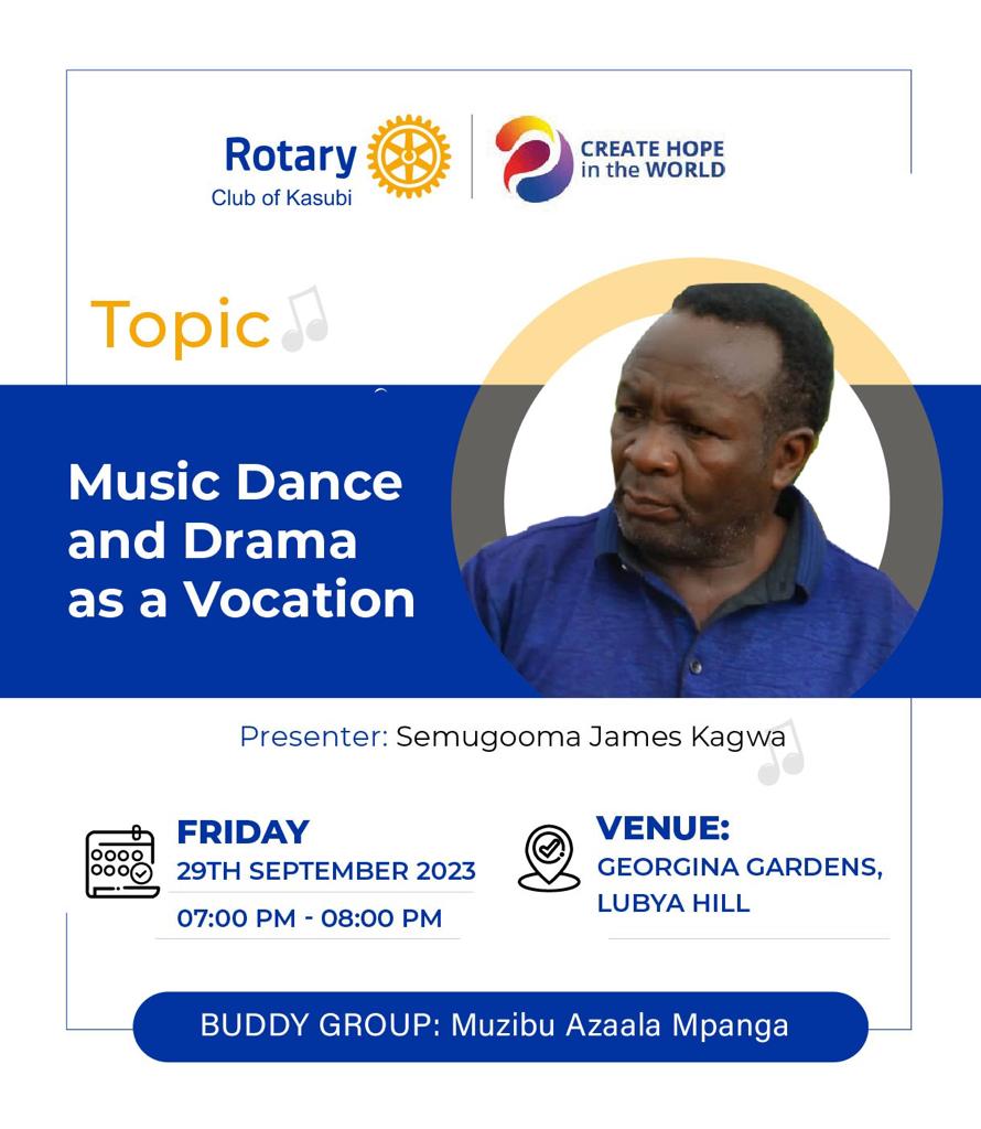 KasubiRotary's tweet photo. RC Kasubi is inviting you to a scheduled hybrid meeting.

Topic: Music, Dance and Drama as a Vocation
Time: Sep 29, 2023 7PM EAT

Zoom Link:
https://t.co/BimHBWnEyf

Digital profile:
https://t.co/1uJePWdteN

https://t.co/KdkxxQfbam
@DailyMirrorFilm https://t.co/RnmebwKTvh