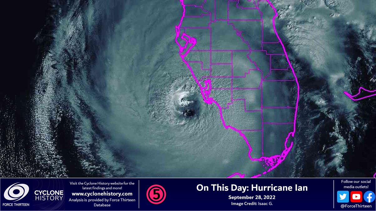 #OTD last year, #HurricaneIan rapidly intensified into a Category 5 #hurricane, reaching a peak intensity of 160mph/937mb. It weakened slightly to a high-end Cat 4 just before making landfall in southwest #Florida later that day.