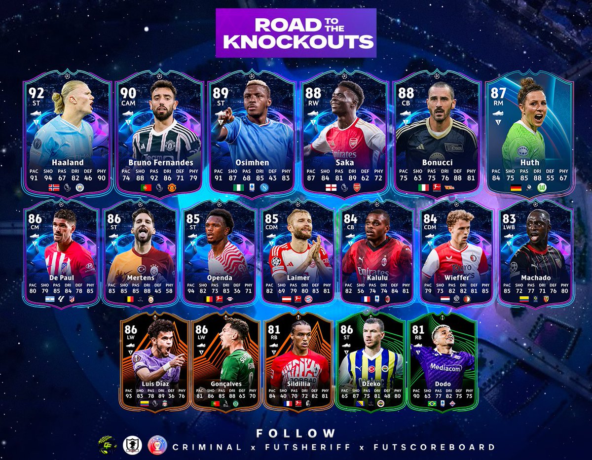 FutSheriff's tweet photo. 🚨ROAD TO THE KNOCKOUTS FULL TEAM🔥

Some big names on board 👀👀

Make sure to follow @FutSheriff, @Fut_scoreboard and @Criminal__x !

#fc24 https://t.co/qDQ7F3kPFI