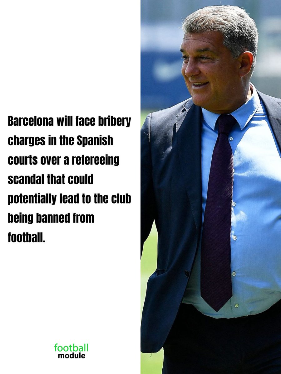 footballmodule's tweet photo. Barcelona will face bribery charges in the Spanish courts over a refereeing scandal that could potentially lead to the club being banned from football.

#barcelona #fcbarcelona #laliga #spain #realmadrid #madrid #halamadrid #laporta #xavi #bribe #scandal  

#socialmedia #media #statement #footballtiktok #foryou #fyp #reels #football #trending #motivation #meme #viral #news #breakingnews #highlights #controversy #sports #exclusive #recommended #edit #soccer