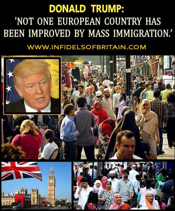 IOBOFFICIAL's tweet photo. TRUMP: 'NOT 1 EUROPEAN COUNTRY HAS BEEN IMPROVED BY MASS IMMIGRATION.โ #tory #brexit #NoDealBrexit #WTO #ECHR #nigelfarage #brino #brexitinnameonly #globalist #invasion #NWO @kensingtonRoyal @clarenceHouse @RoyalFamily @DonaldJTrumpJr @realDonaldTrump https://t.co/mmnmfV4RdH https://t.co/lBGNDLuZfG
