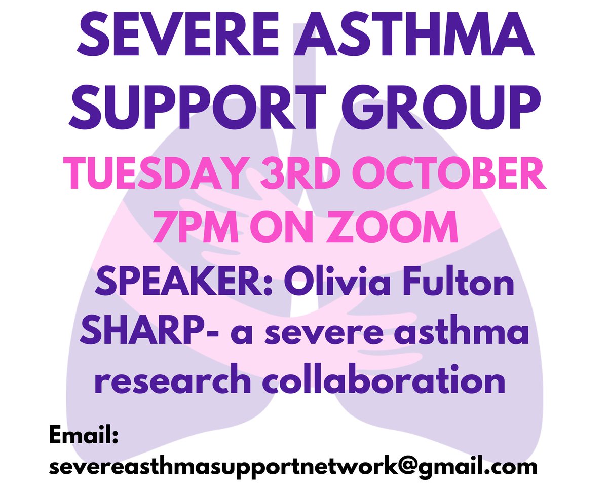 Have you been diagnosed with severe asthma & looking for support? 

The severe asthma peer support group meeting is Tuesday 3rd October 7pm on zoom.

Message me if you want to find out more or join the group!

#SevereAsthma #PeerSupport
