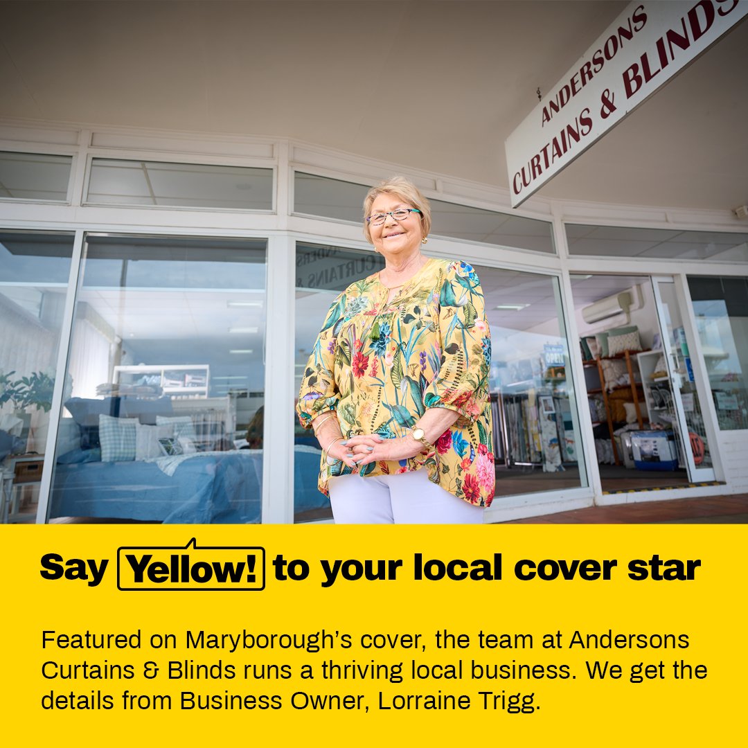 yellow_au's tweet photo. A shout out to the team at Andersons Curtains &amp; Blinds - the cover star of our 2023 Maryborough Yellow Pages ⭐

They’ve been advertising with Yellow Pages for 26 years. They use a range of Yellow Pages products, including Yellow Pages Online, the Yellow Pages Book and SEM. https://t.co/iiINr5TPrt