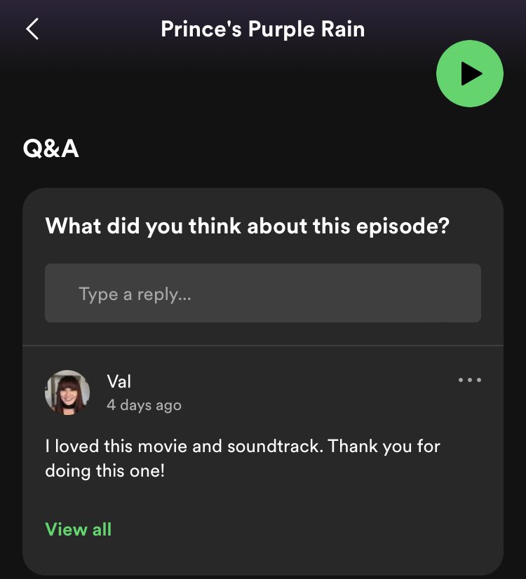 Thank you Val for commenting on the #purplerain episode of #veteranrockers. #spotifycomments #podcastengagement