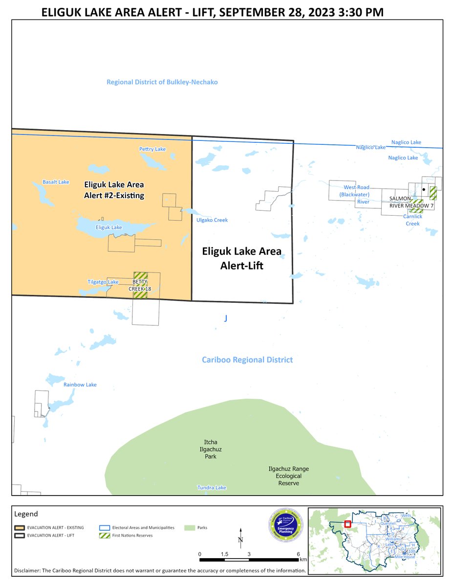 The Evacuation Alert issued on July 11, 2023 at 7:45 p.m. for the Eliguk Lake Area has been lifted. Interactive map: cariboord.ca/EOCorderalerts Visit www.cariboord.cafor more information. #CaribooFires #BCWildfire @BCGovFireInfo @EmergencyInfoBC