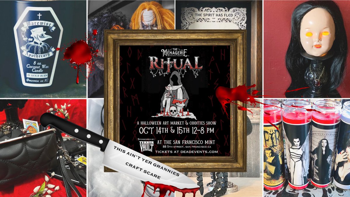 We’ll be showing/vending at RITUAL, a Halloween Art Market and Oddities Show! Happening 🗓️ OCT 14th & 15th ⏰ 12-8pm at the historic SF MINT - Sponsored by Terror Vault. Tickets available NOW!  linktr.ee/themenagerieod… 
#themenagerieodditiesmarket #sfoddities #bayareaoddities