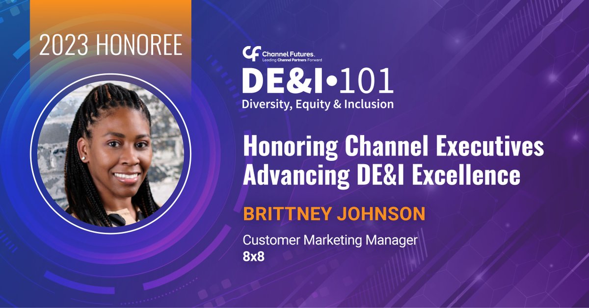 8x8's tweet photo. Congrats to Brittney Johnson for being honored on the 3rd annual @ChannelFutures DE&I list for her efforts to eliminate discrimination in the #comms & #tech channel. Brittney is an integral part of our team, & we're grateful for all she does! https://t.co/B30y7zgr4d #Lifeat8x8 https://t.co/6SwPs7kDiB