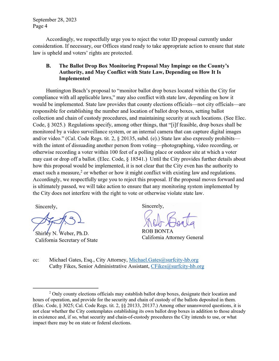 Here is the full letter from California Secretary of State Shirley Weber and Attorney General Rob Bonta, warning against voting changes that the Huntington Beach City Council is considering putting on the March 2024 primary ballot.

Another special Council meeting is tonight.