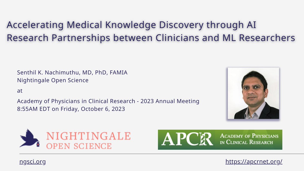 Join us at @AcademyPCR conference in Hollywood, FL on Oct 6 to find out how Nightingale helps #Clinicians learn and partner with #MachineLearning experts in #ComputationalMedicine research. Join our community of computational medicine researchers at ngsci.org