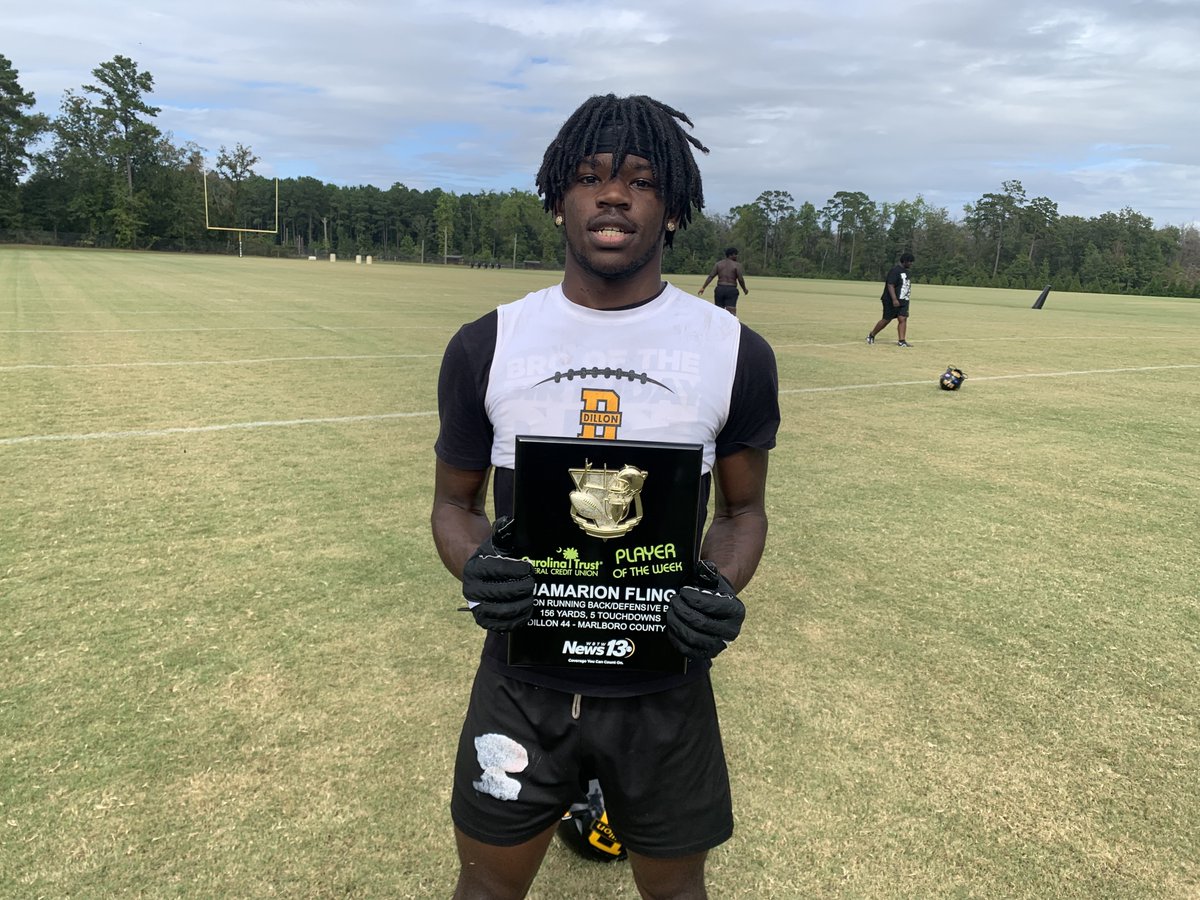 Julia Kennedy (@juliakennedytv) on Twitter photo Congratulations to our Blitz Pee Dee player of the week award for this season.
Dillon running back Jamarion Fling!
Fling totaled 156 yards and 5 touchdowns in the 44-0 win over Marlboro County.
More at 11 on <a href="/WBTWNews13/">WBTW News13</a>
<a href="/JamarionFling/">Jamarion Fling</a> <a href="/Dillon_Football/">Dillon Football</a> Congratulations to our Blitz Pee Dee player of the week award for this season.
Dillon running back Jamarion Fling!
Fling totaled 156 yards and 5 touchdowns in the 44-0 win over Marlboro County.
More at 11 on <a href="/WBTWNews13/">WBTW News13</a>
<a href="/JamarionFling/">Jamarion Fling</a> <a href="/Dillon_Football/">Dillon Football</a>