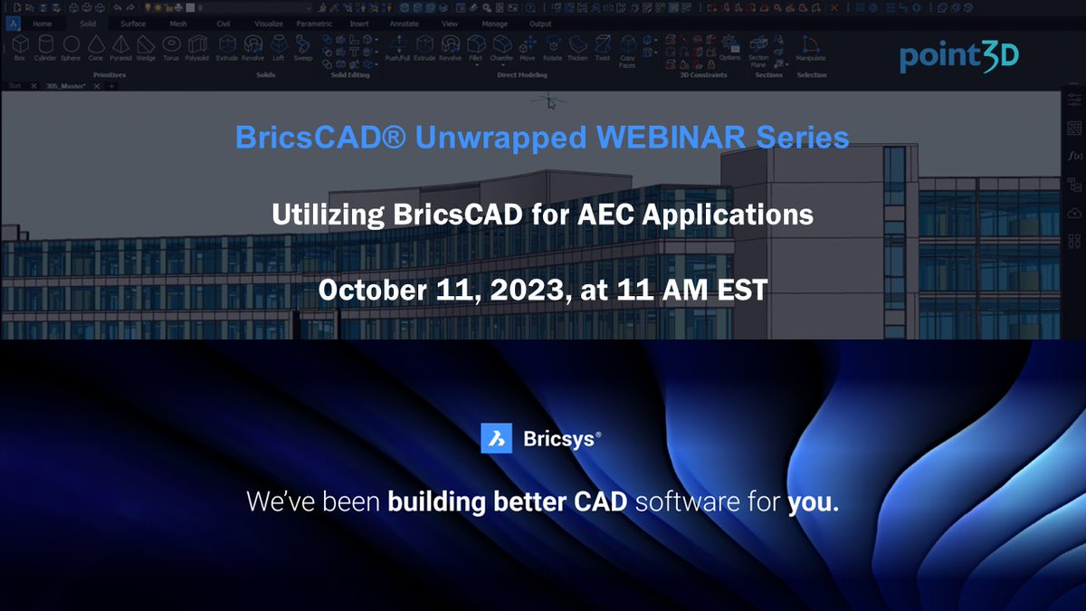 Don't miss the 2nd episode of our #BricsCAD Unwrapped Webinar series! How to utilize BricsCAD for AEC Applications. 
October 11, 2023, at 11 a.m. EST

Register Here: meet.zoho.com/ddiHsmn9O2 

#point3D #webinar #bricscad #aec #Construction