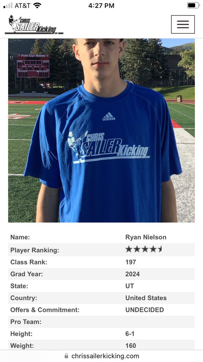 Ryan Nielson (@ryannielson15) on Twitter photo I’m grateful to be ranked as a 4.5⭐️ Kicker by <a href="/Chris_Sailer/">Chris Sailer Kicking</a> !!
<a href="/battenh6/">Hunter Batten</a> <a href="/ZacErekson/">Zac Erekson</a>
<a href="/CoachJBHall/">JB Hall Jr</a> <a href="/CoachPPeterson/">Coach Paul Peterson</a> <a href="/skyler_ridley/">Coach Ridley</a> <a href="/OGMacDC/">Shay McClure</a> <a href="/DonovanMalmrose/">Coach Donovan</a> I’m grateful to be ranked as a 4.5⭐️ Kicker by <a href="/Chris_Sailer/">Chris Sailer Kicking</a> !!
<a href="/battenh6/">Hunter Batten</a> <a href="/ZacErekson/">Zac Erekson</a>
<a href="/CoachJBHall/">JB Hall Jr</a> <a href="/CoachPPeterson/">Coach Paul Peterson</a> <a href="/skyler_ridley/">Coach Ridley</a> <a href="/OGMacDC/">Shay McClure</a> <a href="/DonovanMalmrose/">Coach Donovan</a>