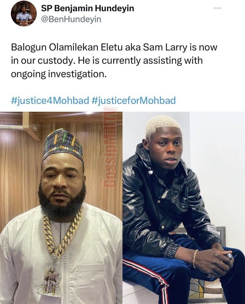 BREAKING: Nigerian Police Public Relations Officer SP Benjamin Hundeyin has announced via his X handle @BenHundeyin that Balogun Olamilekan Eletu aka Sam Larry has been arrested and now in custody. #Justice4mobhad