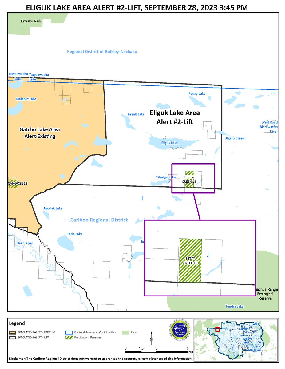 The Evacuation Alert issued on July 11, 2023 at 7:45 p.m. for the Eliguk Lake Area #2 has been lifted. Interactive map: cariboord.ca/EOCorderalerts Visit www.cariboord.cafor more information. #CaribooFires #BCWildfire @BCGovFireInfo @EmergencyInfoBC