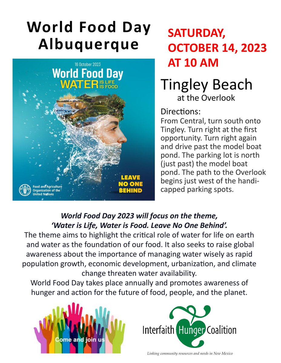 CNinABQ's tweet photo. The Interfaith Hunger Coalition will commemorate World Food Day at the Tingley Beach Overlook on Saturday, Oct. 14, at 10:00 am Please join us. https://t.co/kpKvhauYAn