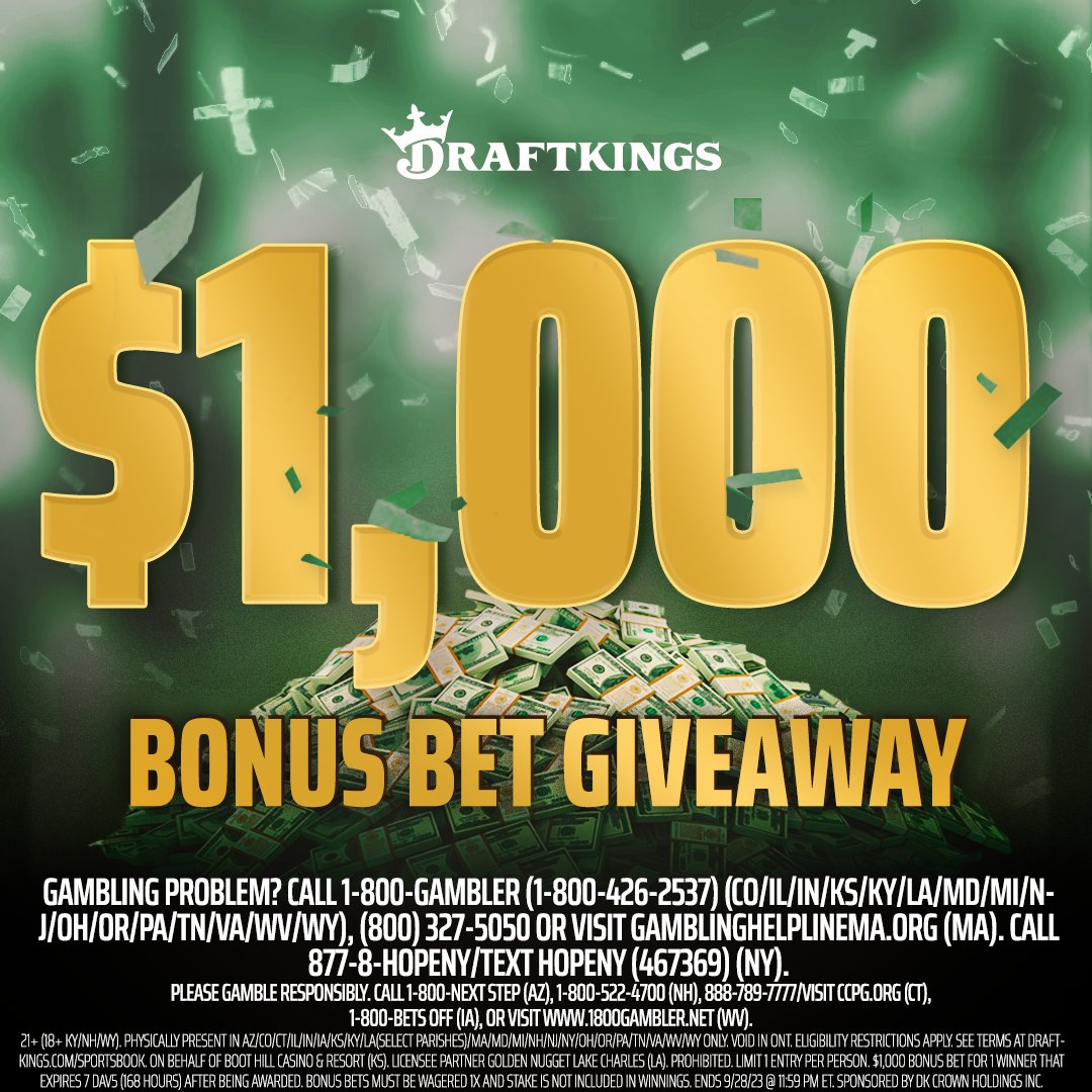 DraftKings Sportsbook (@dksportsbook) on Twitter photo THURSDAY VIBES CALL FOR A $1,000 BONUS BET GIVEAWAY ⚡️
1. Retweet this tweet
2. Follow <a href="/DKSportsbook/">DraftKings Sportsbook</a>
3. Reply with who you think will win #TNF
1 WINNER. $1,000 BONUS BET. RULES: dkng.me/48uLx6L THURSDAY VIBES CALL FOR A $1,000 BONUS BET GIVEAWAY ⚡️
1. Retweet this tweet
2. Follow <a href="/DKSportsbook/">DraftKings Sportsbook</a>
3. Reply with who you think will win #TNF
1 WINNER. $1,000 BONUS BET. RULES: dkng.me/48uLx6L
