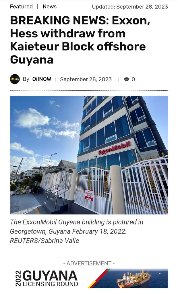 Exxon y Hess Guyana han decidido retirarse del bloque Kaieteur, en aguas aún por delimitar entre Guyana y Venezuela #28Sep #MiMapa 

La información la suministró Ratio Petroleum Energy. Exxon poseía un 35% de participación en dicho bloque, Hess un 20%. Ahora Ratio tendrá 50% y