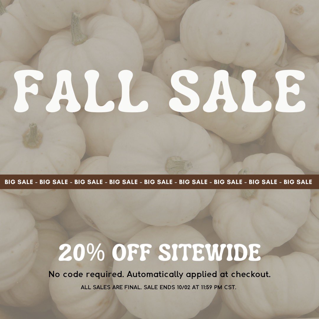 ShopStudioA's tweet photo. Time for a fall SALE 🍂 Take 20% off SITEWIDE! Shop now at https://t.co/c2YipwkHDI 🛒 No code required, automatically applied at checkout!

Sale ends 10/02 at 11:59 PM CST

#fallsale #fall #fallstyle #fallfashion #onlineboutique #shopsmall #supportsmallbusiness #sitewidesale https://t.co/flskF1HZeq
