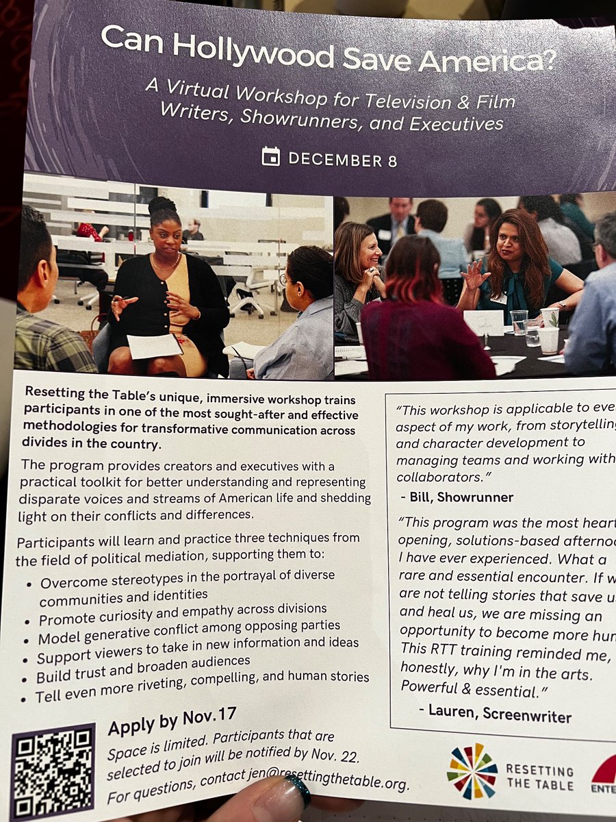 Mónica Guzmán (@moniguzman) on Twitter photo Loooove what’s rising in Hollywood right now. “Promote curiosity.” “Model generative conflict.” “Tell even more riveting, compelling, and human stories.”
<a href="/Resettingtable/">Resetting the Table</a> <a href="/BridgeEntLabs/">Bridge Entertainment Labs</a> Loooove what’s rising in Hollywood right now. “Promote curiosity.” “Model generative conflict.” “Tell even more riveting, compelling, and human stories.”
<a href="/Resettingtable/">Resetting the Table</a> <a href="/BridgeEntLabs/">Bridge Entertainment Labs</a>