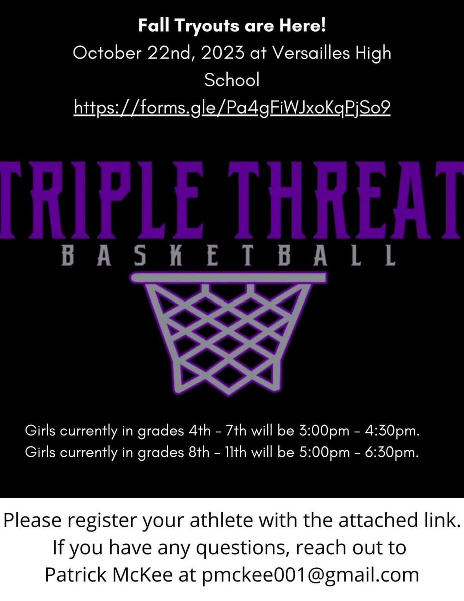 Fall Tryouts for girls in grades 4th through 11th will be on October 22nd at Versailles High School. Use this link to complete the necessary registration. 
forms.gle/Pa4gFiWJxoKqPj…