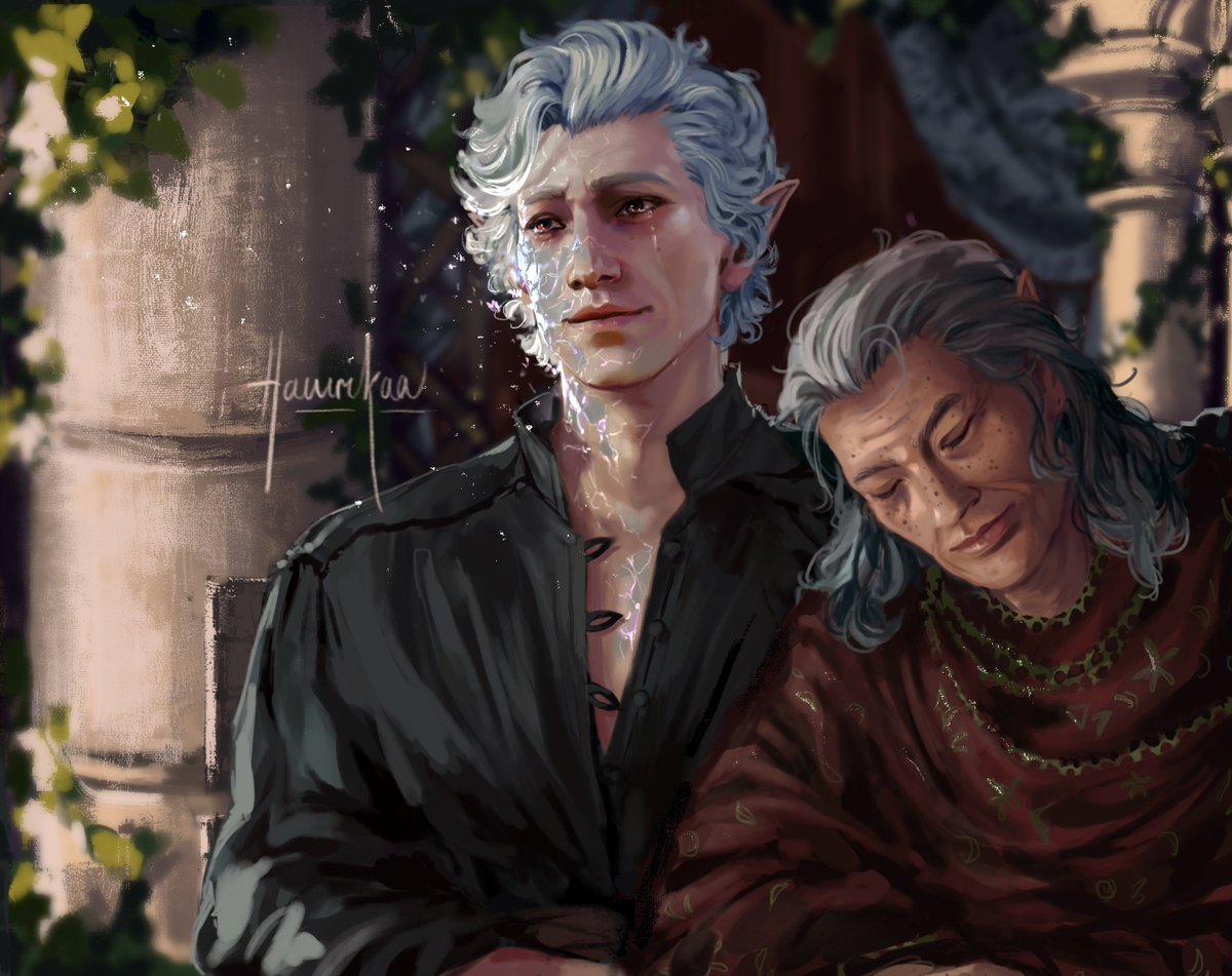 hamrikaa's tweet photo. Inspired by a comment which said something along the lines of: 
Astarion walking into the dawn, the morning after Tav passes away 

Decided on Astarion bringing dying Tav onto a balcony, so that they could watch a last dawn together ~

#astarion #BaldursGate3 #astarionfanart https://t.co/RNJ5NcUKTY